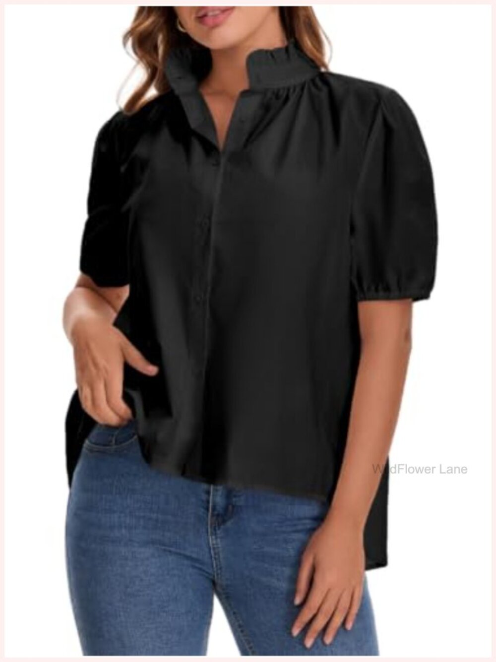 Womens Cotton Puff Short Sleeve Button Down Blouse Ruffle Mock Neck